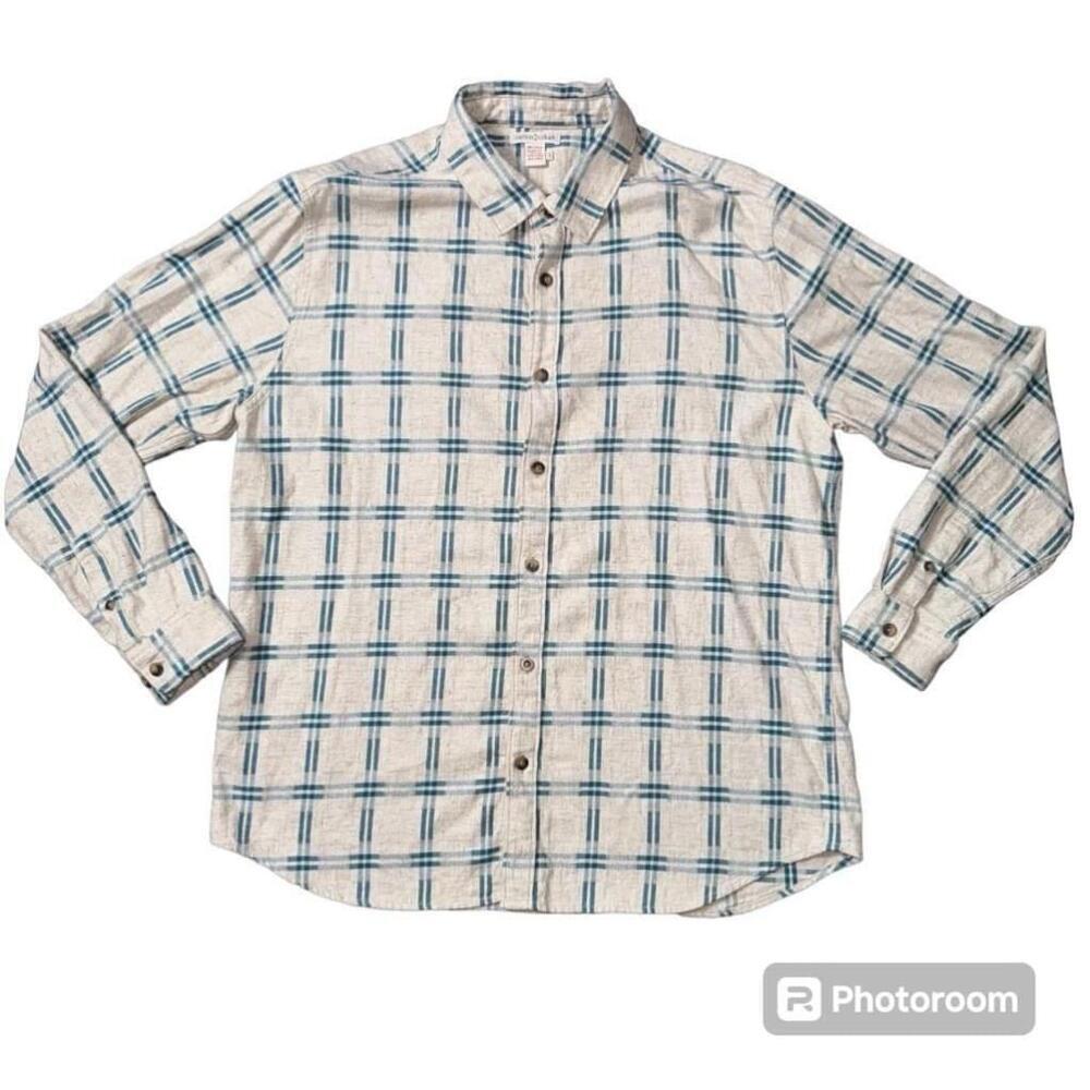 Carbon2Cobalt Mens Flannel Shirt Size L Beige Blue Button down Cotton